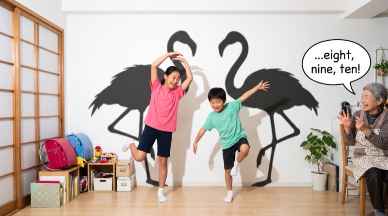 フラミンゴのように片足で立つ子どもたちと、英語で数をかぞえるおばあちゃん（イメージ）