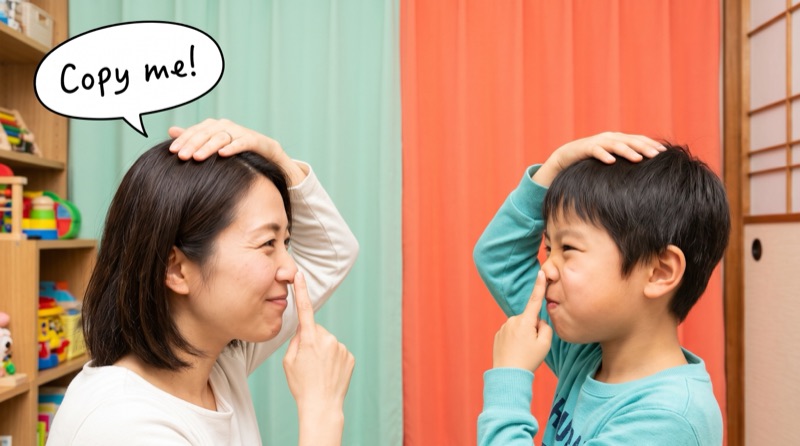 向かい合って、同じポーズをまねし合うお母さんと男の子（イメージ）