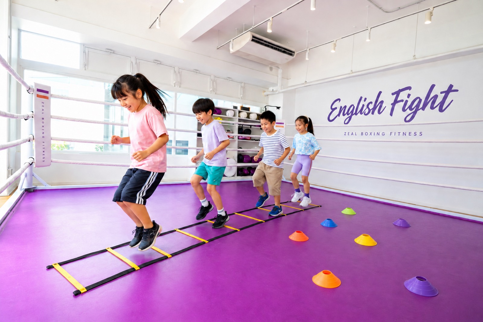 福岡 薬院の小学生英会話 English Fight Kidsのジムで、リング上のラダーを使って元気にジャンプする小学生たち