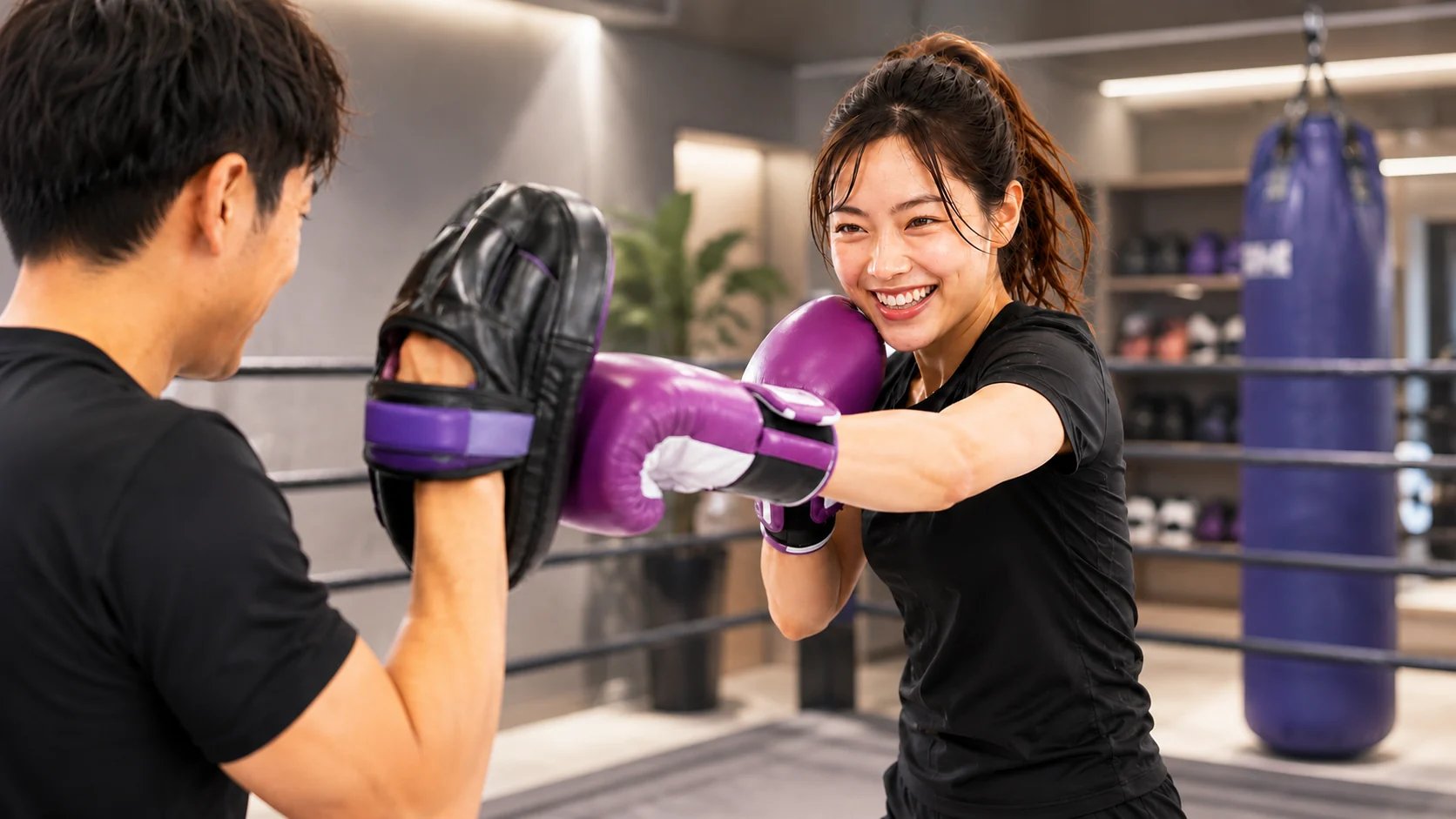 トレーナーのミットにパンチを打ち込み、笑顔でトレーニングする女性会員